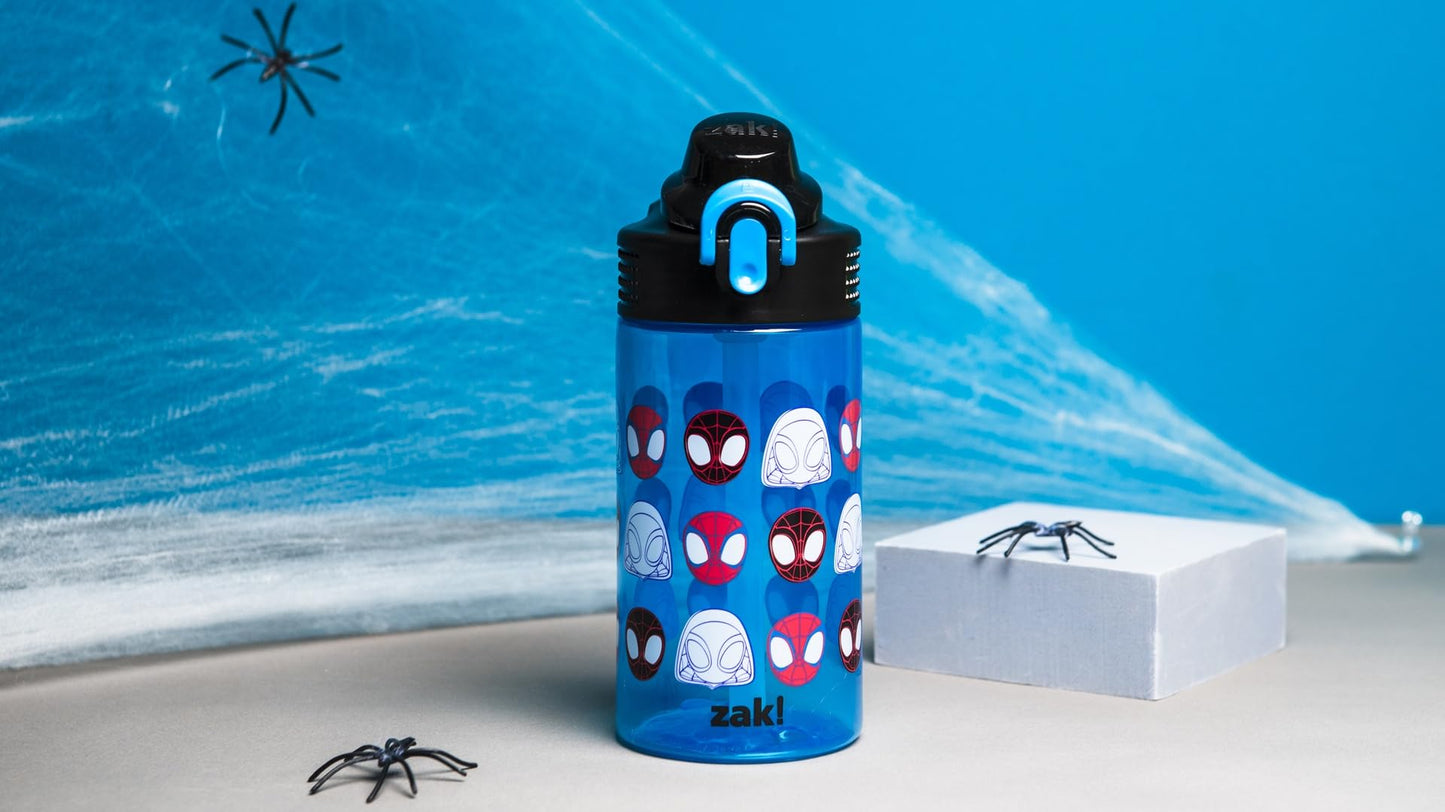 Zak Designs Sage Marvel Spider-Man Water Bottle For School or Travel, 16oz Durable Plastic Water Bottle With Straw, Handle, and Leak-Proof, Pop-Up Spout Cover (Spidey and His Amazing Friends)