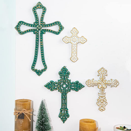 Sungmor 4PC Heavy & Sturdy Embossed Cast Iron Cross Decor for Wall, Beautiful Vintage Decorative Hanging Crosses Wall Decor, Distressed White & Green Religious Wall Sculptures Metal Wall Arts Crosses