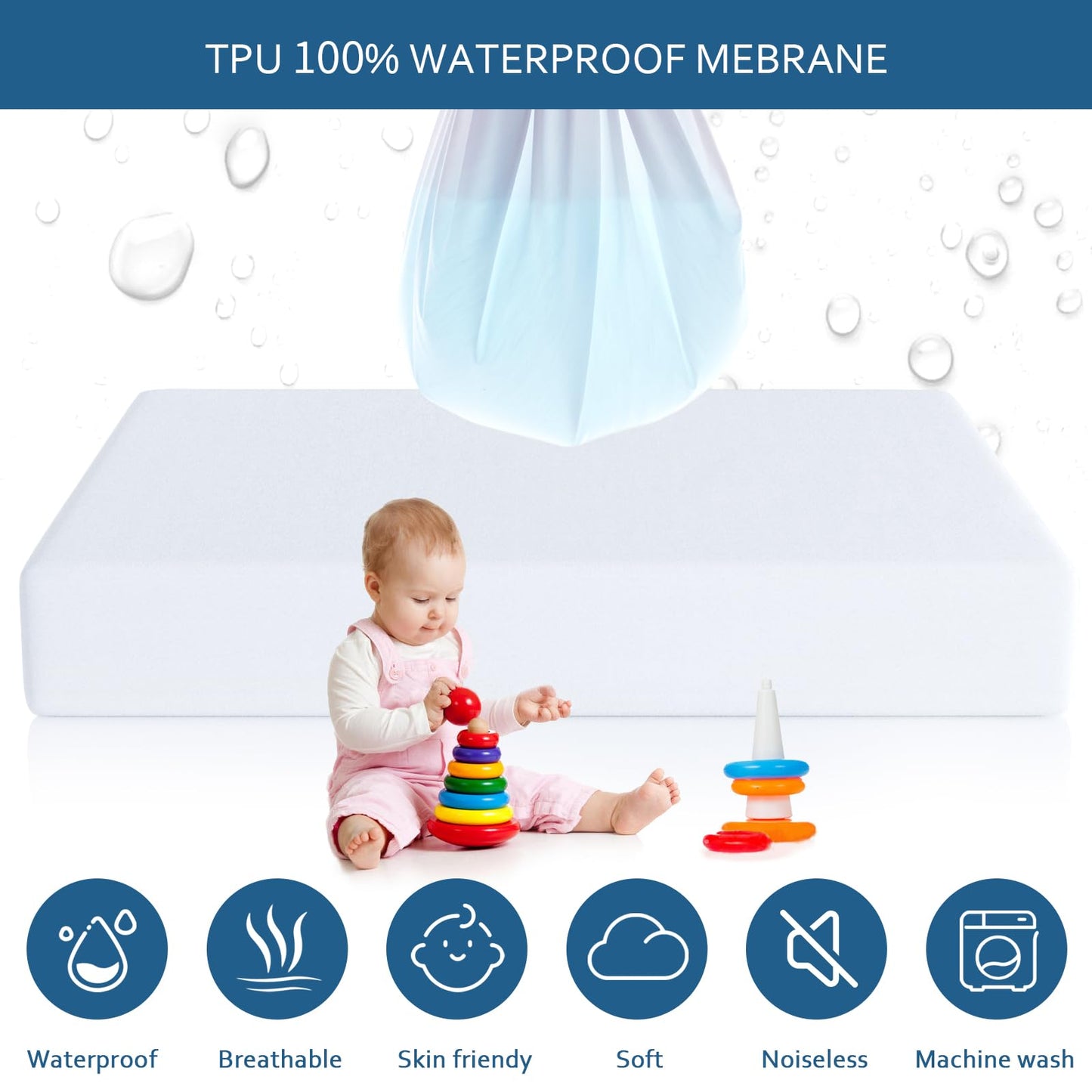 Waterproof Mattress Protector Queen Size,Mattress Cover Protector, Smooth Top Mattress Protector for Kids, Breathable Skin Friendly and Noiseless Fitted Sheet Queen Size,Polyester