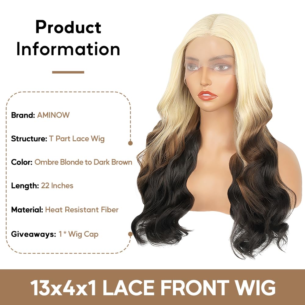 Aminow Long Blonde Wavy Wig for Women Brown Mix Blonde Synthetic Lace Front Wig Ombre Blonde Colored Wigs for Cosplay Daily Party Use (Brown Mix Blonde, 22 Inch)