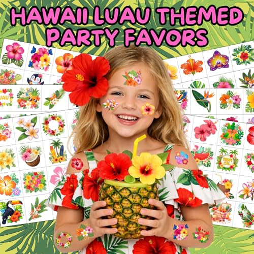 Hawaiian Temporary Tattoos for Kids - 96 PC Tropical Flowers