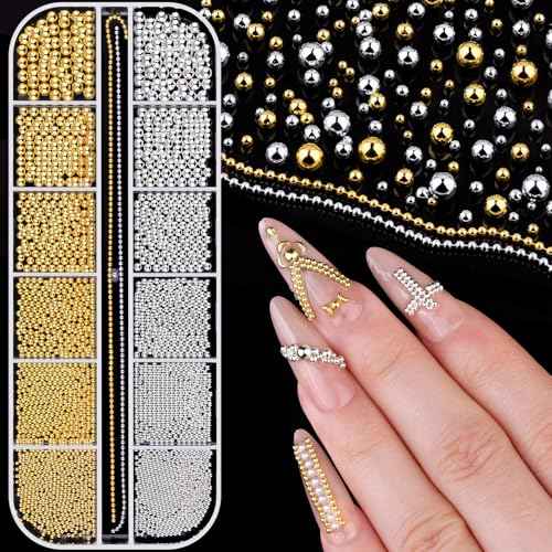 1-3MM Mini Small Nail Beads Metal Caviar Bead Silver Gold Nail Charms and Gems Ball, Nail Chain for Nail Art Accessories Supplies Gold Rhinestones for Women Manicure
