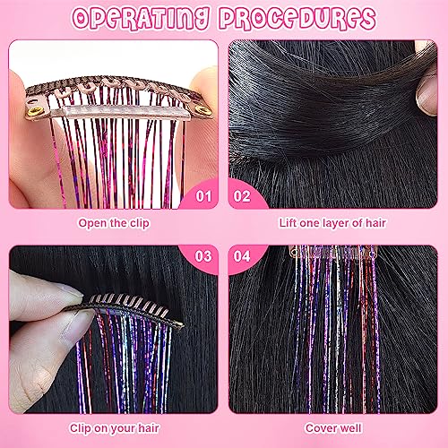 Gosuoa Pack of 8 Pcs Hair Tinsel Clip in, 19.6 Inch Heat Resistant Tinsel Hair Extensions Clip in, Sparkle Fairy Hair Tinsel Kit for Women Girls Hair Accessories(Galaxy)