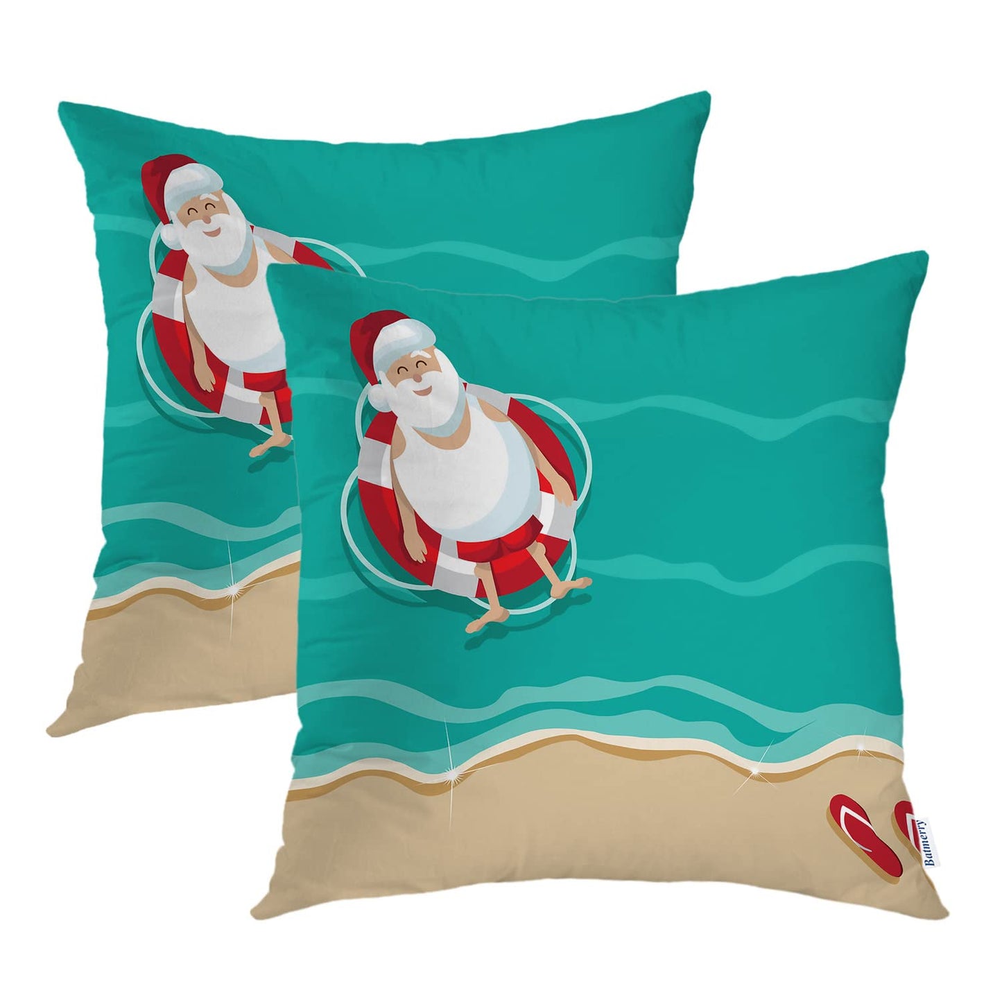 Batmerry Beach Decorative Pillow Covers, 22 x 22 Inch Santa Floating in Lifesaver Beach Double Sided Throw Pillow Covers Sofa Cushion Cover Square 22 Inches(Set of 2)