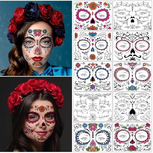 Sugar Skull Temporary Face Tattoo - 10 Sheets Halloween Kit