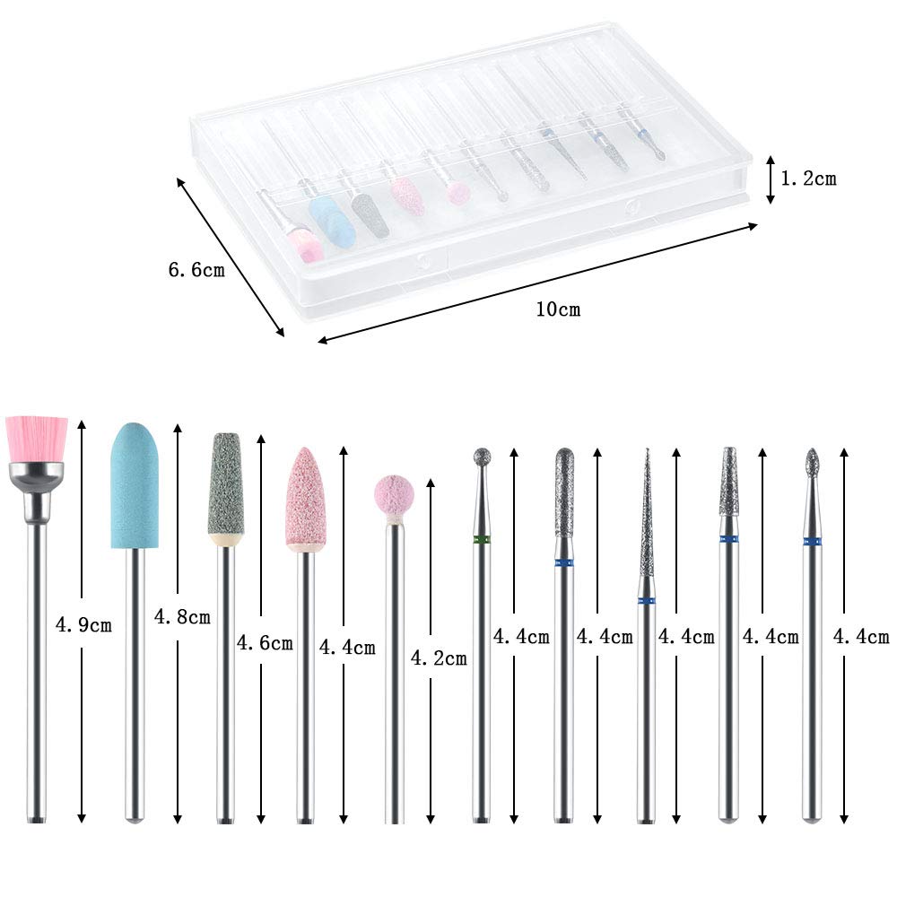 URAQT Nail Drill Bits Set, 10 pcs Electric Nail Drill Bits Kit 3/32, Professional Cuticle Polishing Bits for Acrylic Gel Nails, Electric Nail Files Manicure Pedicure Drill Tool