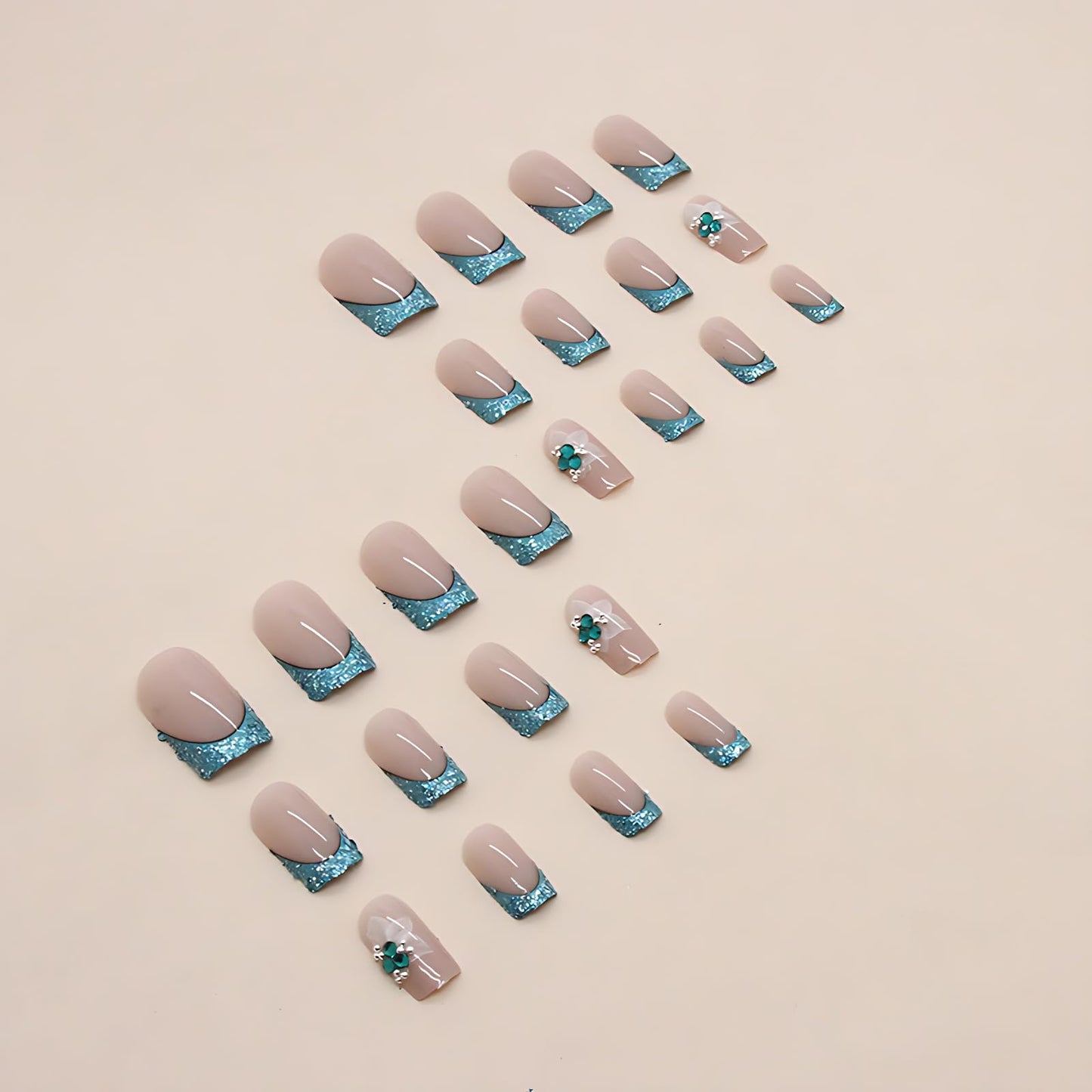 Nude Short Fake Nails Square Press on Nails with French Tip Blue Glitter Designs 3D Flower Glue on Nails Short Acrylic Press on Nails for Women Girls 24Pcs (Spring Summer)