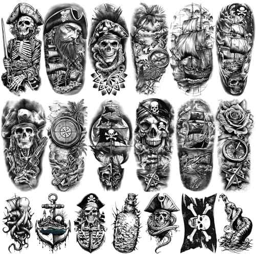 77 Sheets Pirate Temporary Tattoos Adult,Captain Anchor Compass Sailboat Tattoos, Pirate Ships Flag Skull Crossbones Sailor Fake Tattoo for Costume, Fake Arm Tattoos for Men Women Kids