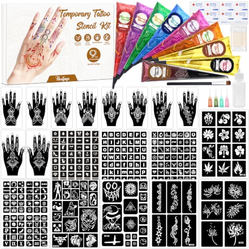 Temporary Tattoo Kit - 315 Designs, 9 Colors, 19 Stencils