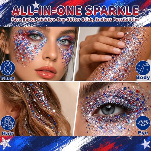 Red White Blue Glitter Stick for Face, Body & Hair