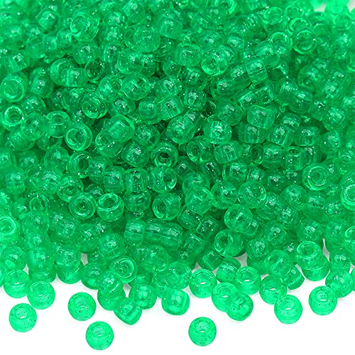 Auvoau 1000Pcs Pony Beads Bracelet 9mm Green Glitter Plastic Barrel Pony Beads for Necklace,Hair Beads for Braids for Girls,Key Chain,Jewelry Making (Green Glitter)