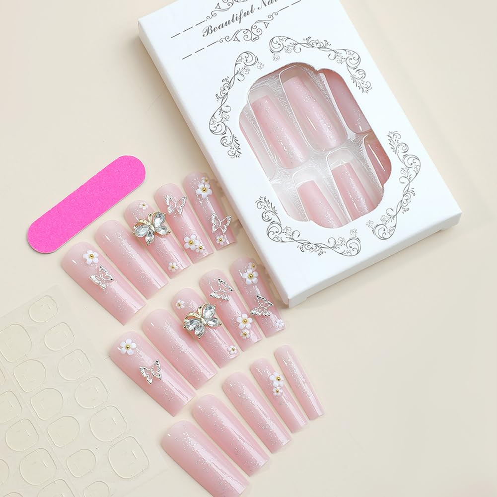 Long Press on Nails Pink Glitter Long Fake Nails Coffin Press on Nails Square False Nails with Flower Butterfly Charm Design Acrylic Nails Press on Artificial Nails Stick on Nails For Women 24Pcs