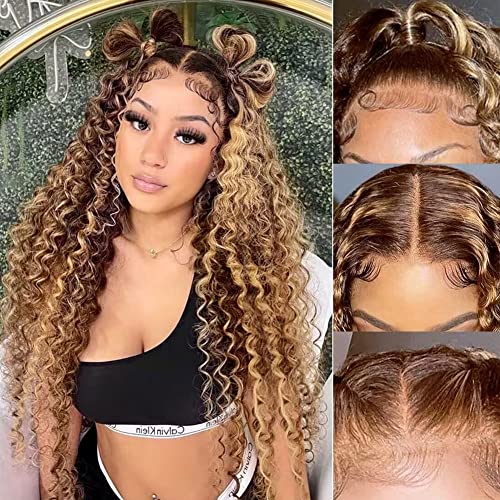 XZZ Ombre Highlight Lace Front Wigs Human Hair 4/27 Colored 150% Density Curly Honey Blonde Wig Colored Human Hair 13X4 HD Lace Frontal Wigs Pre Plucked Hairline with Baby Hair 22 Inch