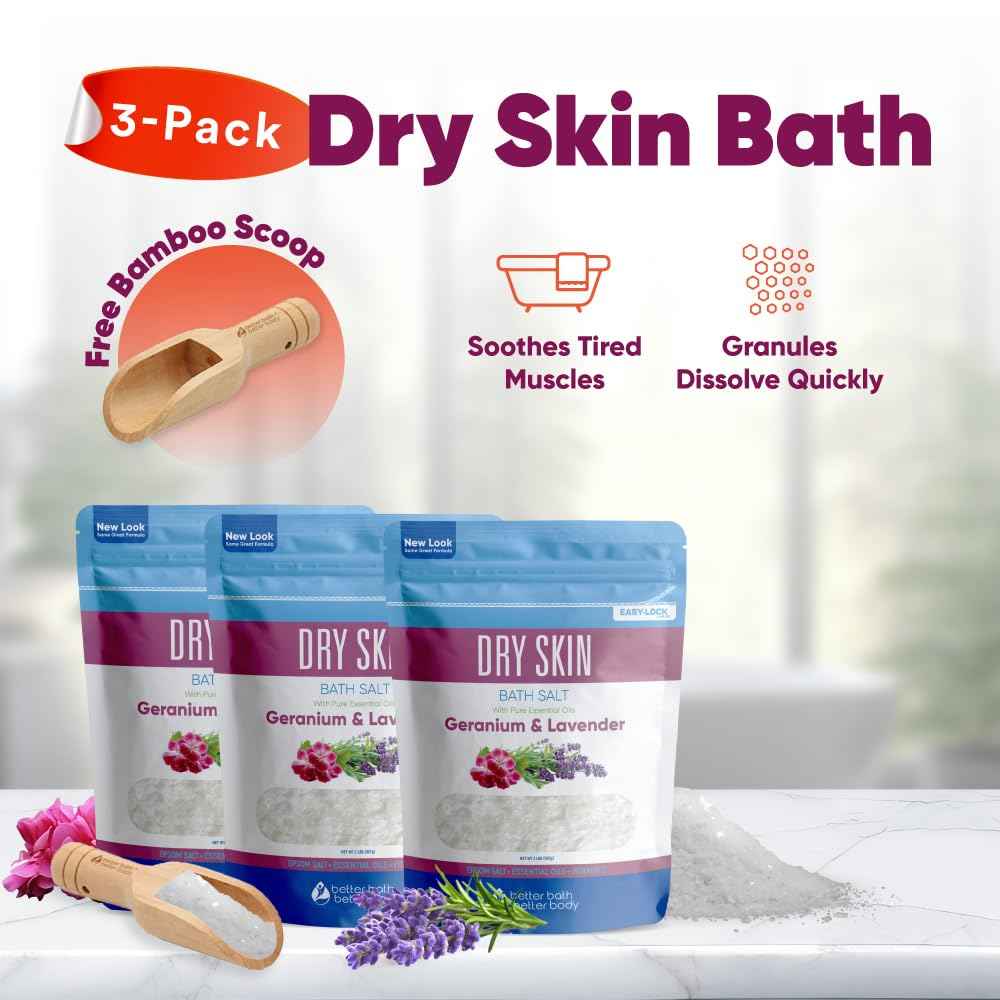 Dry Skin Bath Salt (3 Pack with Scoop) Skin Soothing Epsom Salt with Pure Essential Oils in BPA Free Pouch with Press Lock Seal Made in USA Three 2 Lbs Pouches 6 Lbs Total