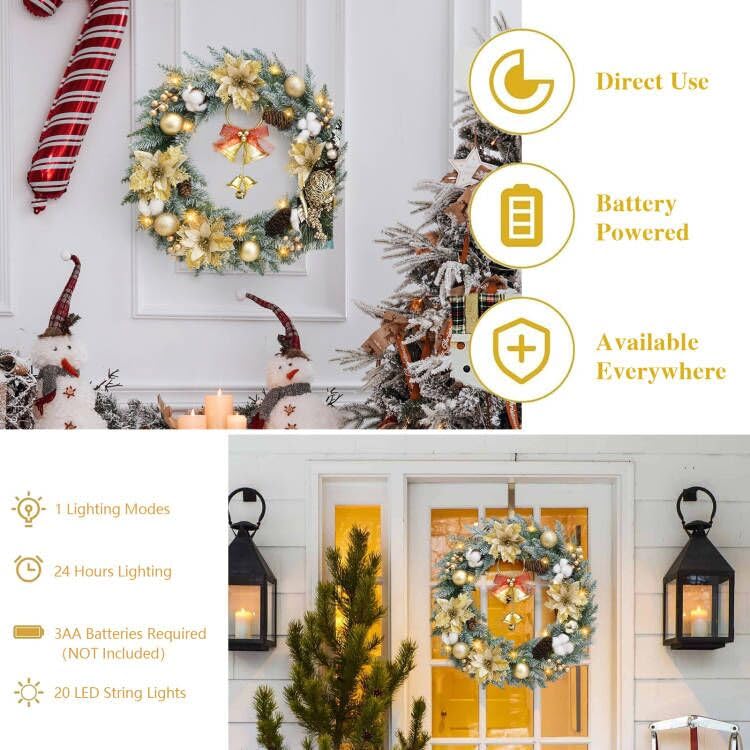 Veryhome Handcrafted 18 inches Pine Needle Christmas Wreath with Pinecones and Gold Accents with LED Lights - Perfect Holiday Decor for Front Door Fireplace