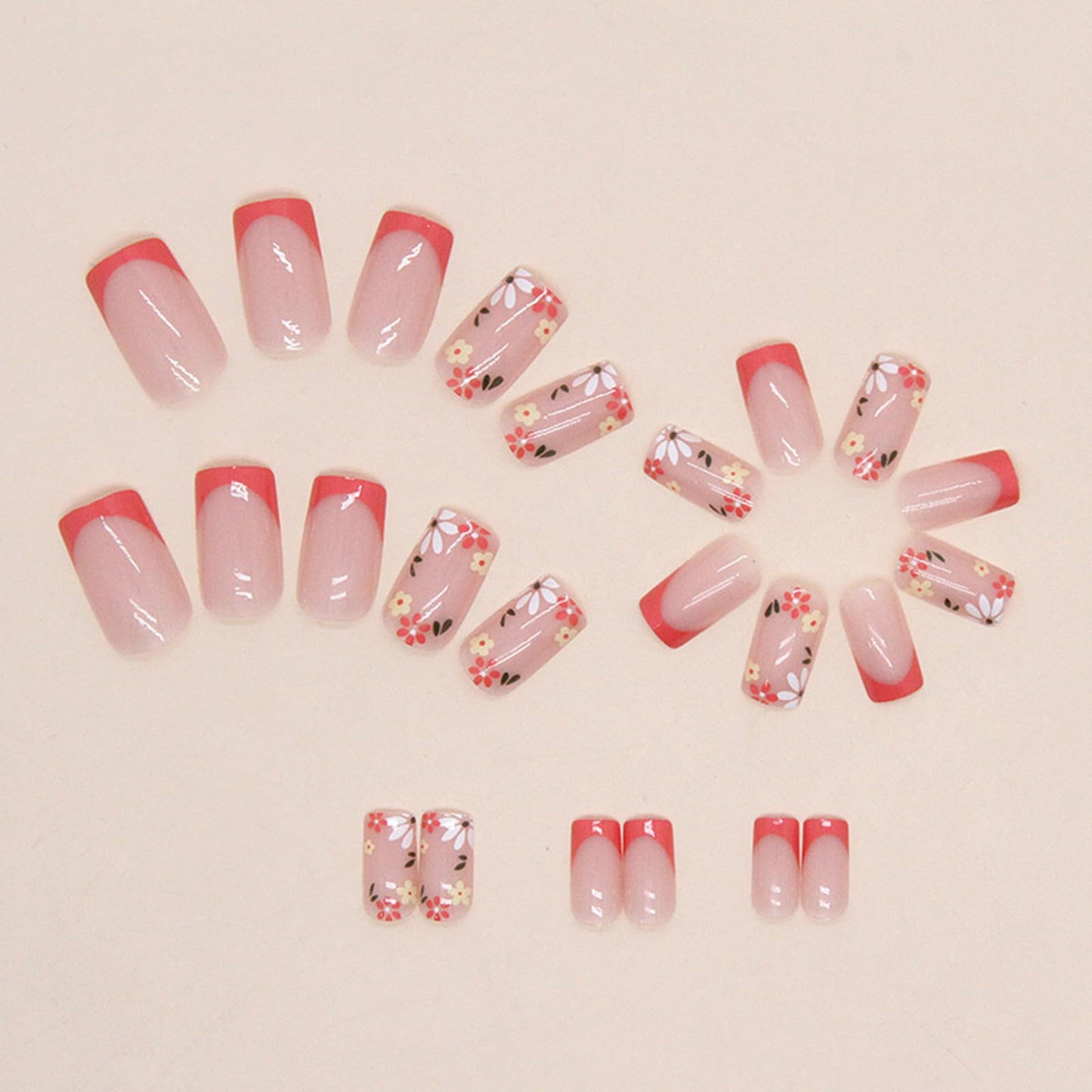 24Pcs French Tip Press on Nails Medium Length Fake Nails Flower False Nails with Design Pink Nail Tip Full Cover Artificial Nails Glossy Acrylic Nails Spring Summer Cute Stick on Nails for Women Girls