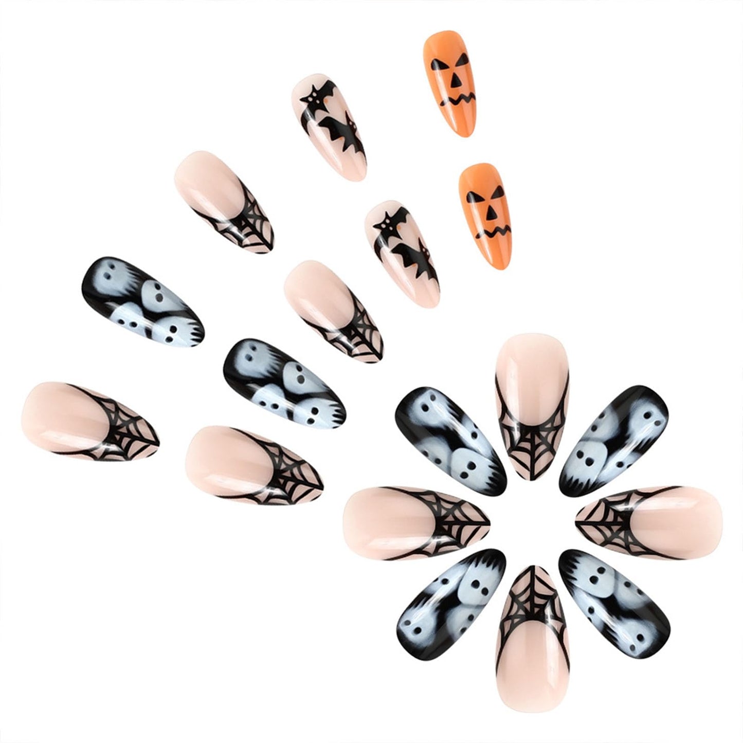 Halloween Short Press on Nails Almond Spider Web French Fake Nails Press ons Acrylic Glue on Nails Full Cover False Nails with Ghost Bat Design Stick on Nails for Women 24 Pcs