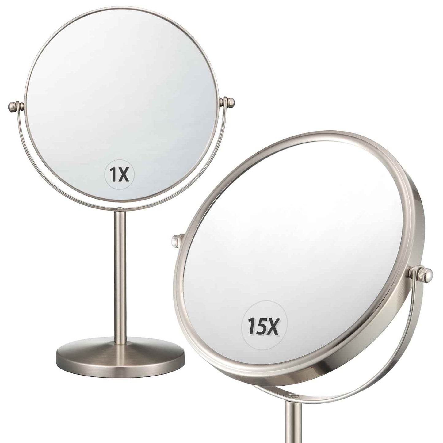 ALHAKIN 1X/15X Magnifying Makeup Mirror, Double Sided Mirror with Stand, Tabletop Desk Mirror 360°Rotation for Bathroom, Nickel