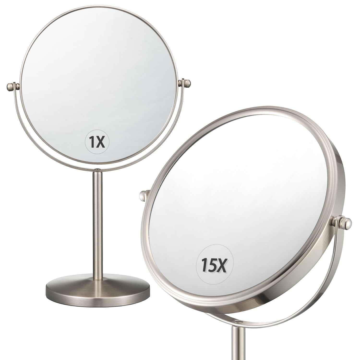 ALHAKIN 1X/15X Magnifying Makeup Mirror, Double Sided Mirror with Stand, Tabletop Desk Mirror 360°Rotation for Bathroom, Nickel