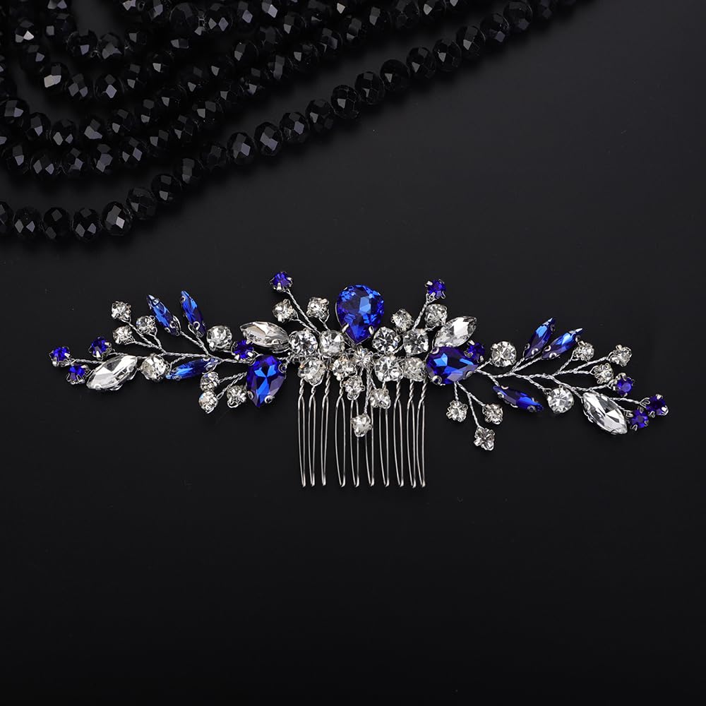 Teyglen Bridal Hair Comb with Blue Rhinestones and Crystals for Women, Bridesmaids, Girls - 15*8cm/5.9*3.14in, Alloy, One Count