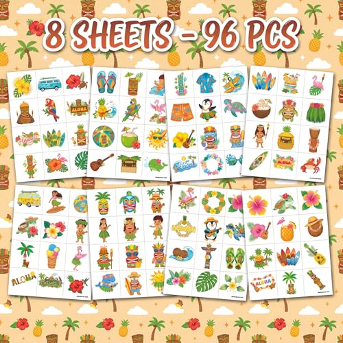 96 Pre-Cut Hawaiian Temporary Tattoos for Kids