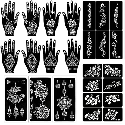229pcs Henna Tattoo Stencils, 19 Sheets Temporary Tattoo Stencils for Women Face Body Paint DIY Art Glitter Airbrush Tattoo Pack