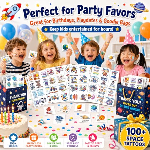 120 Pre-Cut Space Solar System Temporary Tattoos for Kids