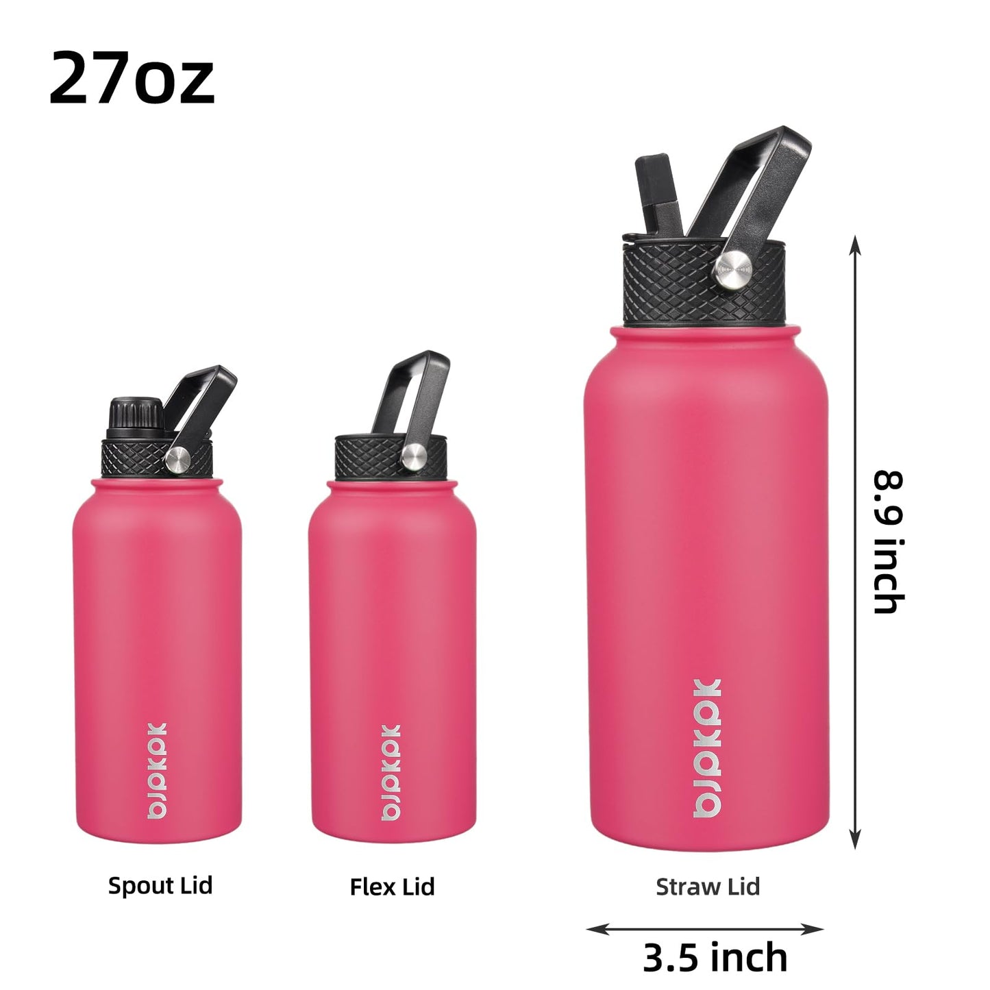 BJPKPK Insulated Water Bottles with Straw Lid, 27oz Stainless Steel Water Bottle with 3 Lids, Leak Proof BPA Free Metal Thermos Mug, Sports Water Bottle Keep Cold & Hot- Rose Pink