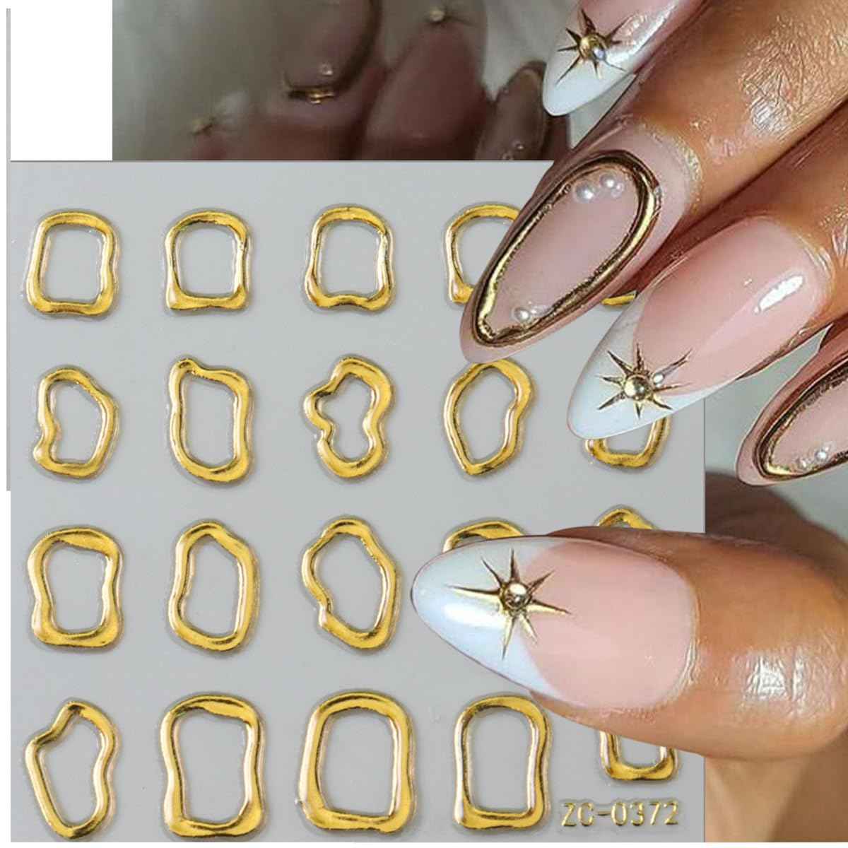 5D Gold Embossed Nail Art Stickers Crystal Soft Glue Irregular Geometric Frames Nail Stickers Sliver Hollow Designs Self Adhesive Nail Decals for Women DIY Acrylic Nail Accessories