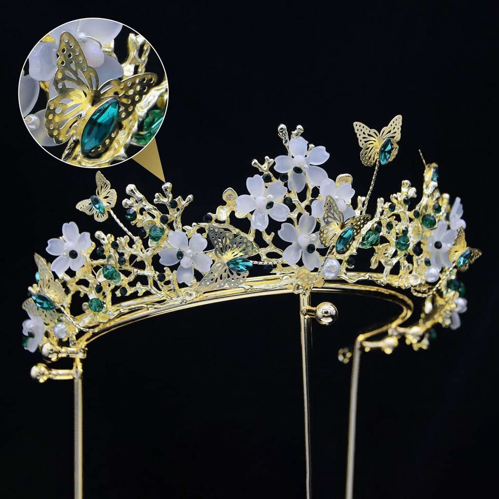 Queen Tiaras and Crown Wedding Bridal Rhinestones Butterfly Flowers Graduation Photography Headpieces Sweet 16 Junior's Headand with Pearls,Green