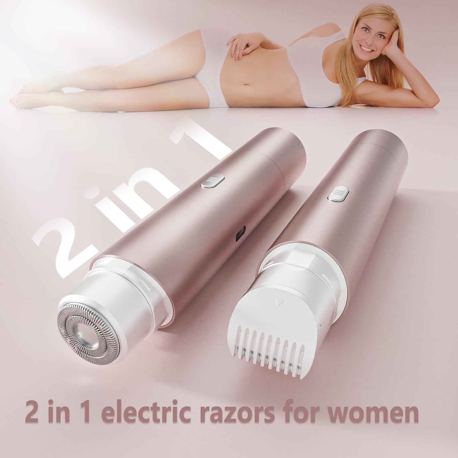 2 in 1 Womens Razors Shaver Bikini Tnimmer, Women Electric Razors for Shaving Underarms Leg Pubic Facial Hair Removal for Waterproof Wet and Dry IPX8