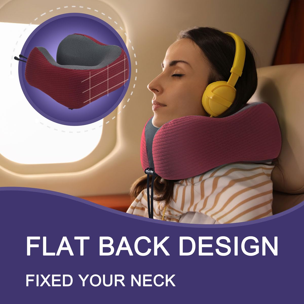 napfun Neck Pillow for Traveling, Upgraded Travel Neck Pillow for Airplane 100% Pure Memory Foam Travel Pillow for Flight Headrest Sleep, Portable Plane Accessories, Wine-Red Set, Medium (120-200LB)