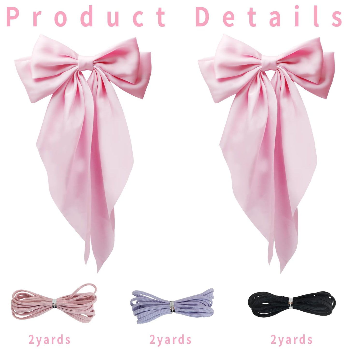 PQZKLDP 2PCS Silky Satin Hair Bows Big Versatile Hair Bows Cute Clips for Girls & Women Pink Hair Bow Ribbons Oversized Long Tail Metal Clips Bowknot Aesthetic Hair Accessories (PD 210)