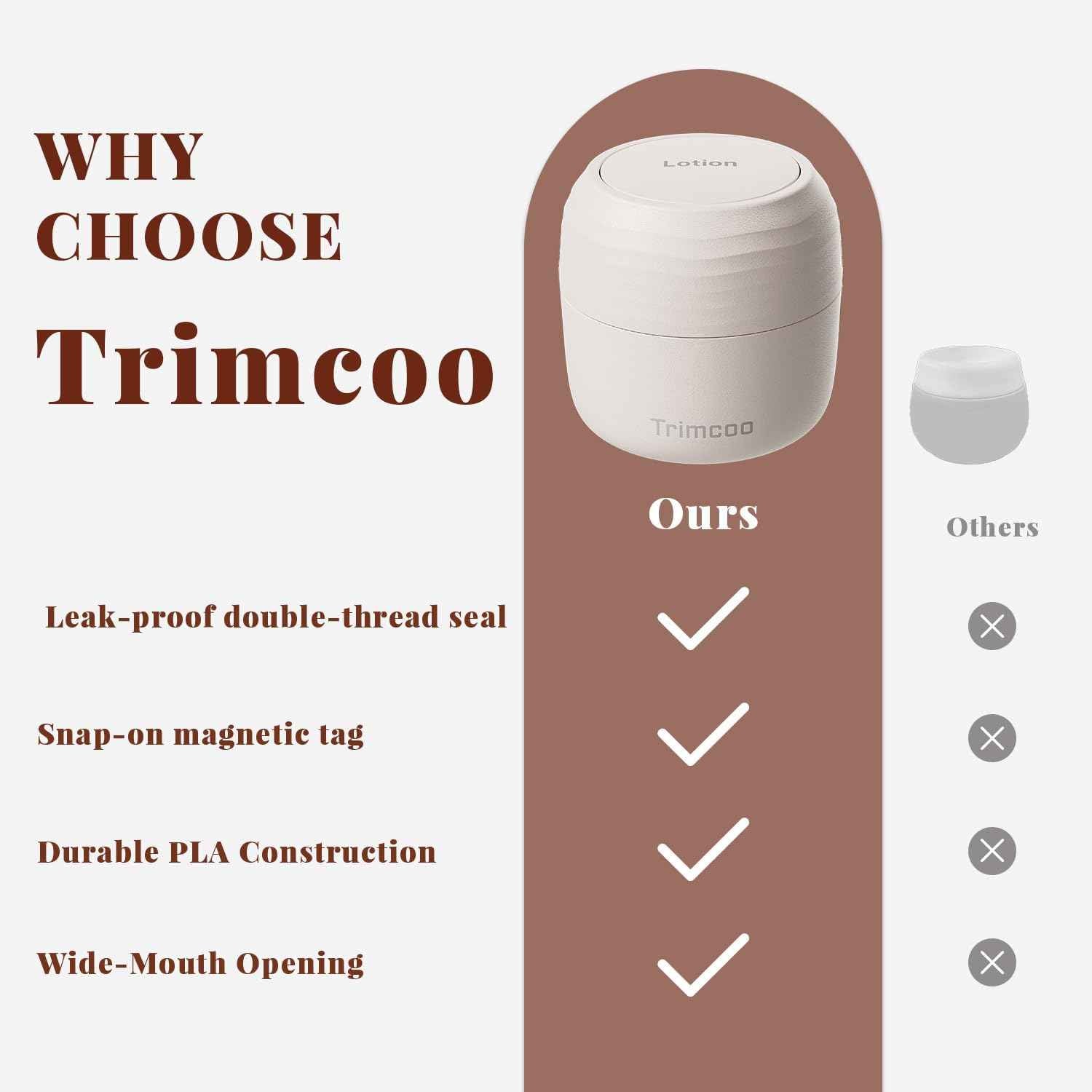 Trimcoo New Travel Toiletry Containers [Ultra Leakproof] TSA-Approved, PLA Hard Shell Jars with 5 Magnetic Labels, Wide Mouth Bottles for Lotion, Cleanser, Shampoo, Conditioner, Beige, 3 Pack, 1OZ