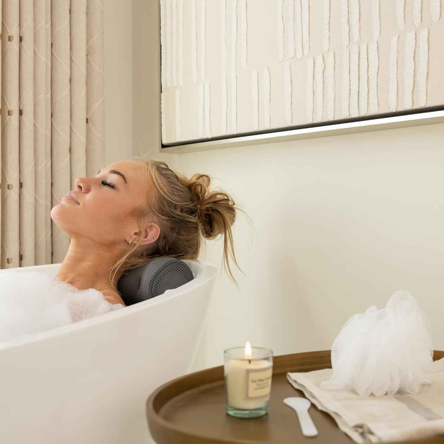 SunSerenity Luxury Bath Pillow for Tub - Relaxing Bath Tub Accessory – Bath Tub Pillow for Head and Back, Unscented Candle, Sponge Loofah, Laundry Bag, & Suction Tool – Grey on Grey