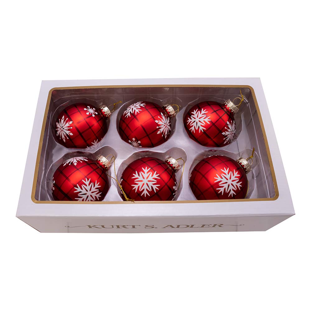 Kurt S. Adler Kurt Adler 80MM Plaid with Snowflakes Glass Ball, 6 Piece Box Ornament, red, Black, White, Christmas