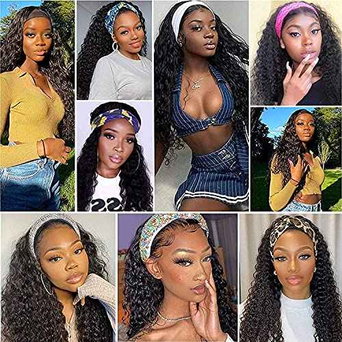 Deep Wave Headband Wig Human Hair 18 Inches Glueless None Lace Front Wigs Machine Made 150% Density Half Wigs Natural Color Human Hair wigs for Women