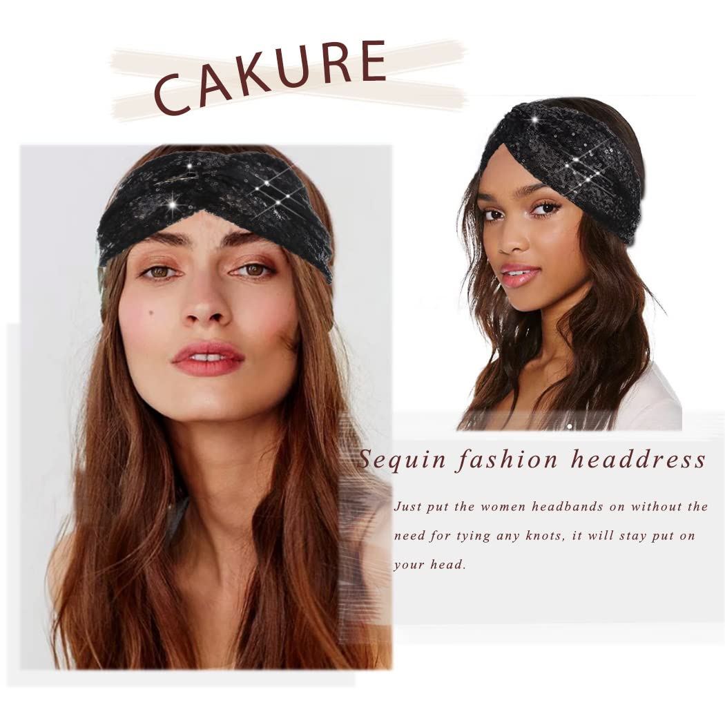 CAKURE Sequins Headbands Criss Cross Hairbands Stretchy Head Bands Wide Turban African Head Wrap Hair Accessories for Women and Girls Pack of 1 (Silver)