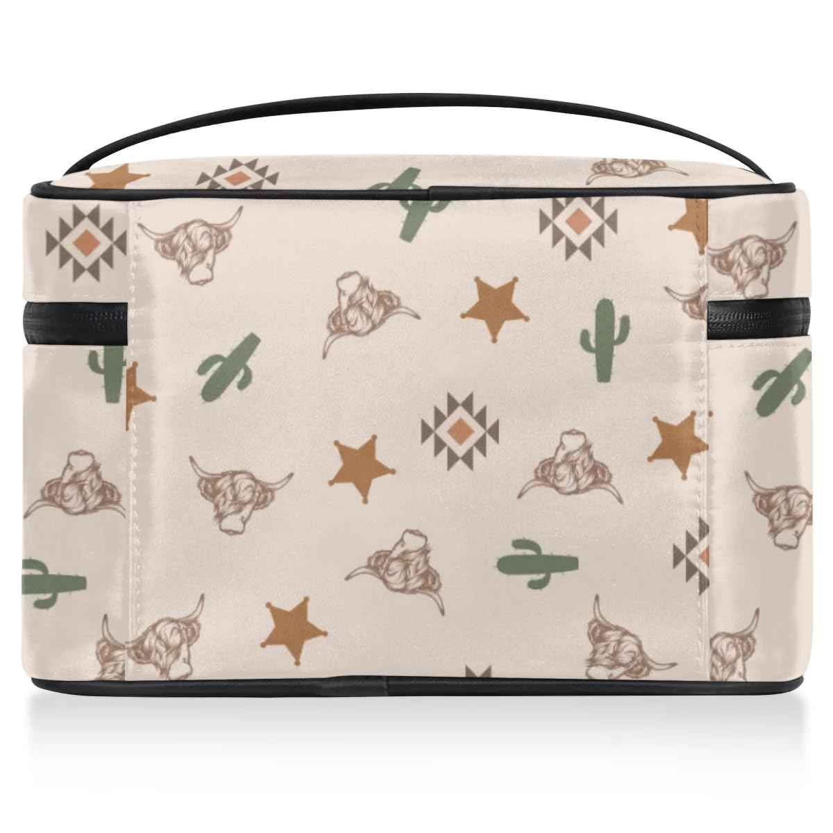 OMFUNS Highland Cow Makeup Bag, Western Cactus Travel Cosmetic Bag for Women Girls Large Capacity Make Up Case Cosmetic Organizer Toiletry Bag Zipper Pouch