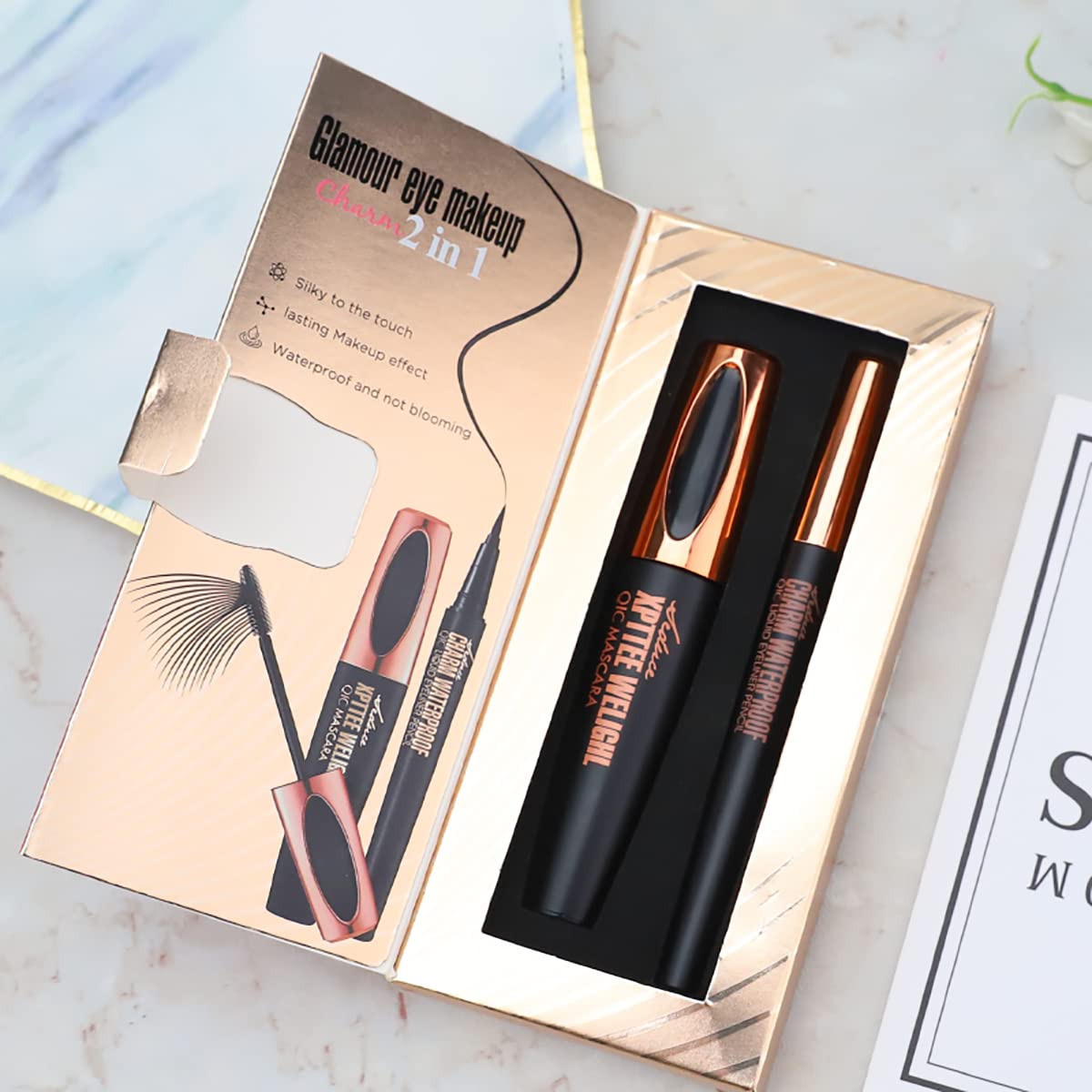 4D Silk Fiber Lash Mascara & Eyeliner Pen, Extension Voluminous Fiber Mascara Waterproof & Smudge-Proof Eyeliner, Long-Lasting No Flaking Natural No Clumping, All Day Exquisitely Full