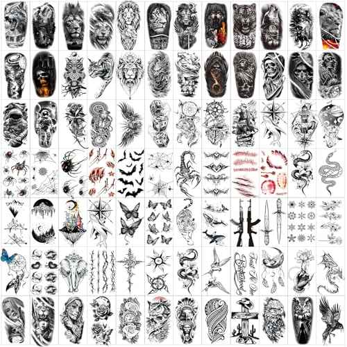 82 Sheets Halloween Temporary Tattoos, 3D Scary Lion Wolf Tiger Skull Skeleton Spider Fake Tattoos Stickers for Men Women Adults
