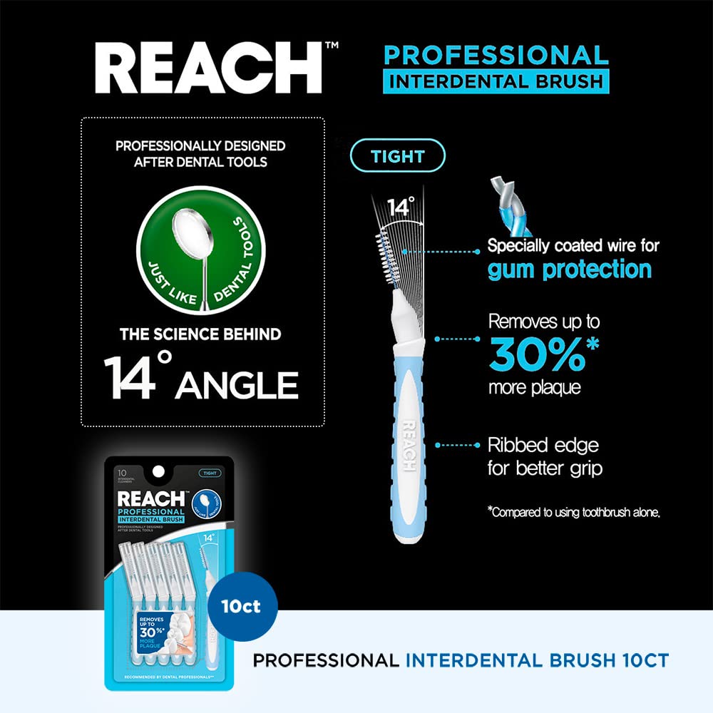 Reach Interdental Brush Cleaners, 1mm, Tight, Sensitive Gum Protection, Plaque Remover for Teeth, Braces Flossers, Braces Brush, Dental Toothbrushes, Oral Care, 6 Pack, 10 Count