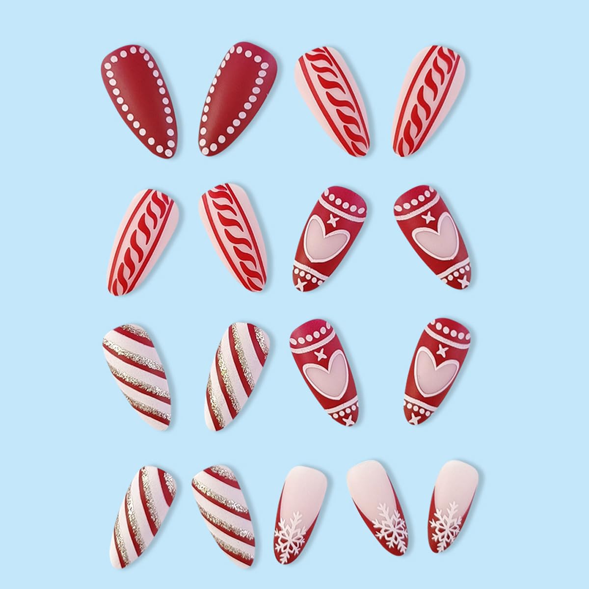 24PCS Christmas Press on Nails Medium Length Fake Nails Red Acrylic Nails with Snowflake Love Heart White Stripes Designs False Nails French Tip Glue on Nails Artificial Nails for Women and Girls