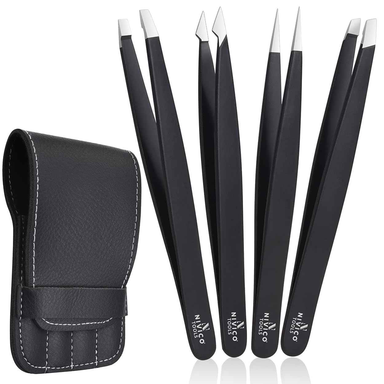 NIVICO Tweezers Set with Leather Pouch – Professional Stainless Steel Tweezers for Eyebrows Precision Facial Ingrown Hair Removal (Black)