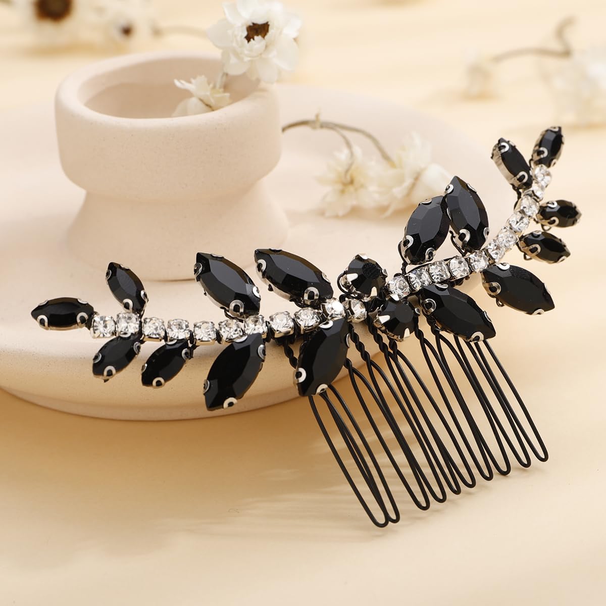 Xerling Brides Wedding Hair Comb Handmade Black Rhinestone Crystal Hair Side Comb Bridal Hair Pieces Boho Headpiece Hair Jewelry Accessories for Women Flower Girls (Black)