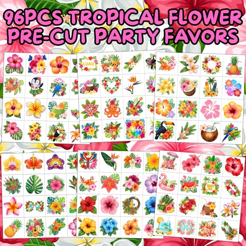 Hawaiian Temporary Tattoos for Kids - 96 PC Tropical Flowers