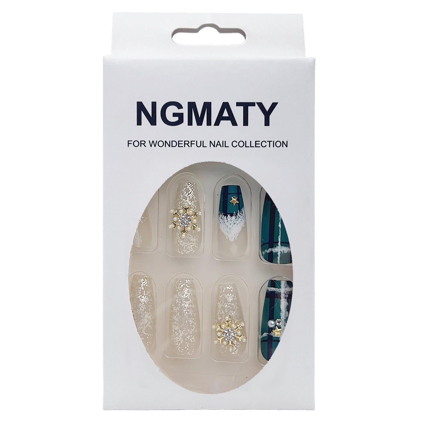 NGMATY Press On Nails Medium Long Christmas Dark Green Tessellated Snowflake White Snowflake Pattern Glitter Pearls Stars 12 Sizes 24 Pcs