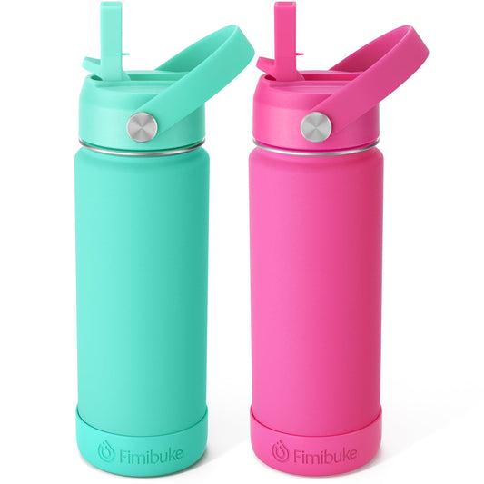 Fimibuke Kids Insulated Water Bottle - 18oz BPA-FREE Kids Cups with Straw Double Wall Vacuum Tumbler 18/8 Stainless Steel Leak Proof Toddler Water Bottle for School Boys Girls (2 Pack, Hawaii)