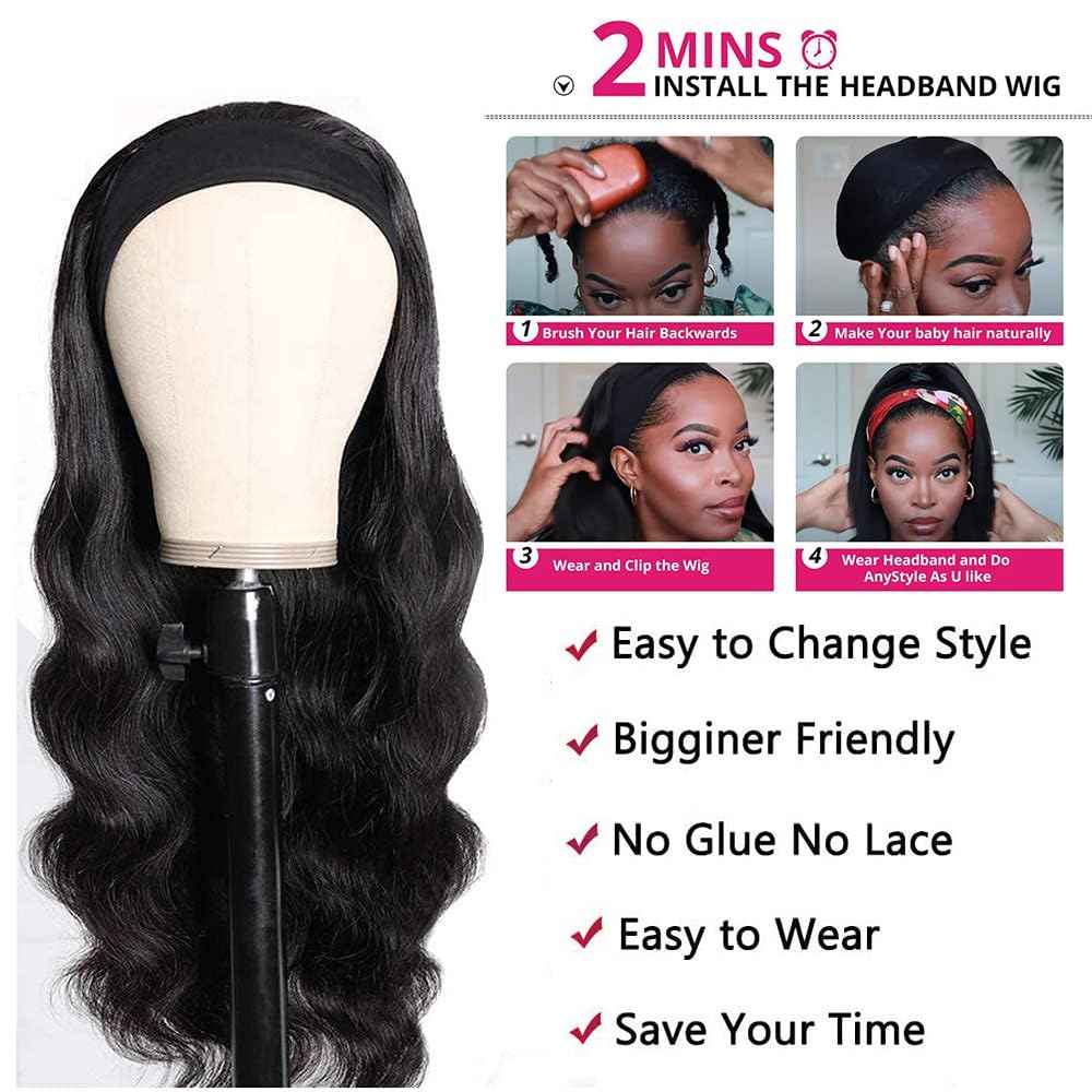 olimaruly Headband Wig Human Hair Body Wave 14 inch None Lace Front Wig Human Hair Machine Made Wigs Glueless Human Hair Headband Half Wigs for Black Women 150% Density Natural Color