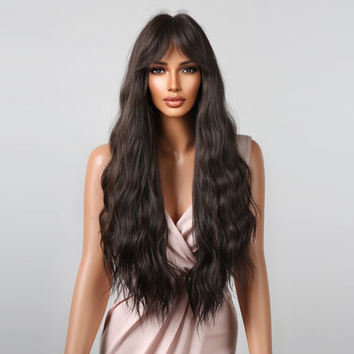 WTHCOS Long Black Brown Wig for Women Long Curly Wavy Dark Brown Wig With Bangs Silky Full Heat Resistant Synthetic Wig with Wig Cap (Black Brown)